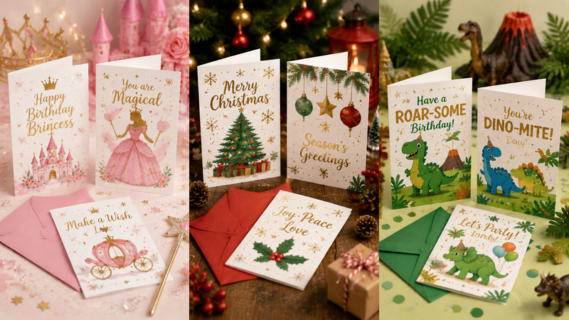 Custom birthday greeting cards with princess dinosaur Christmas themes and matching envelopes for wholesale supply