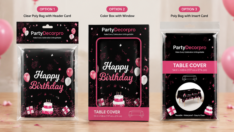 Custom birthday party table cover packaging options with poly bags and window box solutions