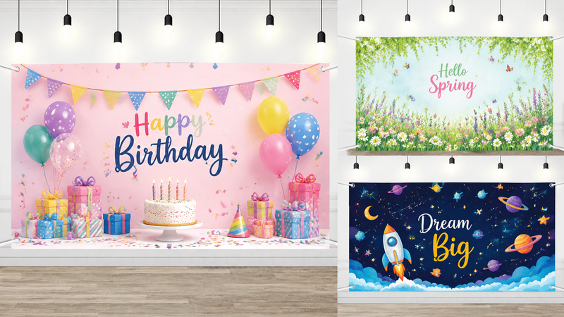 Custom Party Backdrop Collection Featuring Birthday Spring Garden and Space Adventure Themes with High Definition Printing