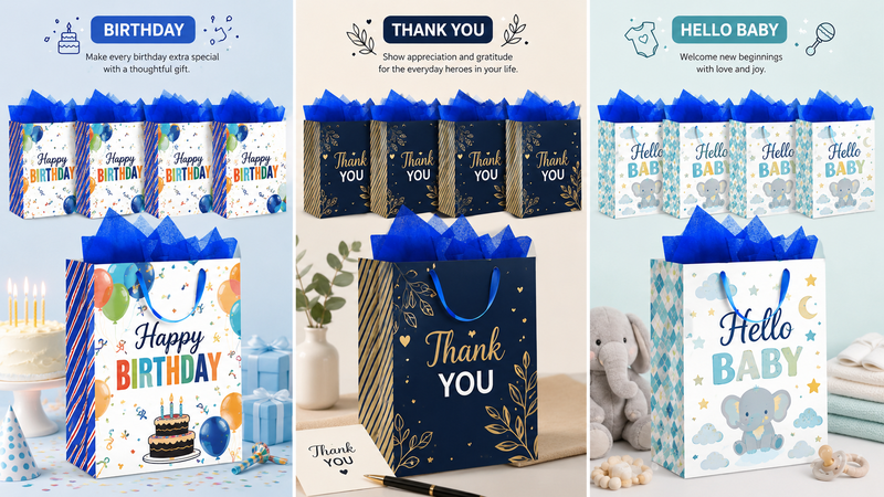 Custom themed paper gift bags featuring Birthday, Thank You and Baby celebration designs with sturdy handles, colorful printing and premium party packaging solutions for wholesale and custom branding.