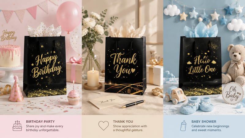 Custom themed black and gold paper gift bag concepts featuring birthday party, thank you, and baby shower designs with premium decorative printing for retail and wholesale packaging