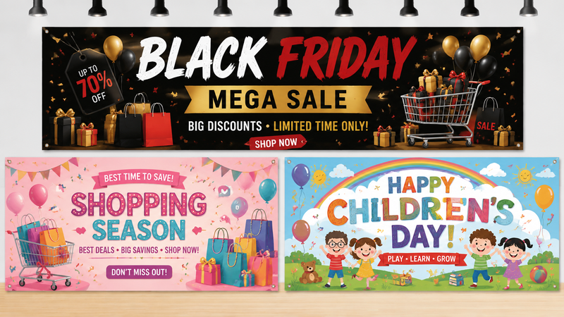 Custom promotional banner designs featuring Black Friday sale, shopping season, and Children's Day themes with colorful graphics and festive backgrounds