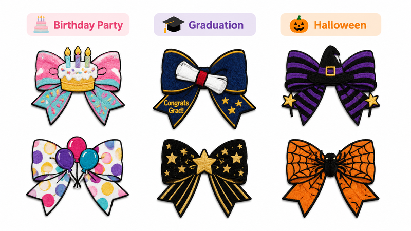 Assorted bow themed embroidered patch designs for birthday graduation Halloween and party decoration customization wholesale