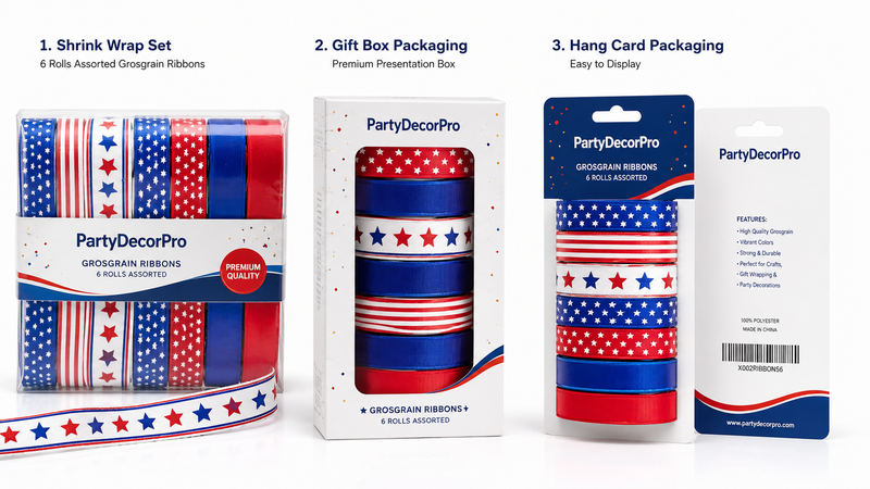 Custom Packaging Options for Patriotic Grosgrain Ribbon Rolls Including Header Card Bags Window Boxes and Gift Boxes