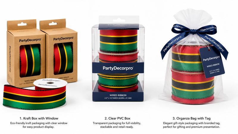 Custom Packaging Options for Wired Decorative Ribbon Rolls Including Kraft Window Box Clear Display Box and Gift Bag