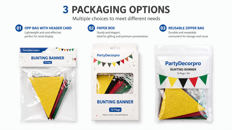 Custom Packaging Options for Bunting Banner Including Header Card Bag Paper Box and Reusable Zipper Pouch