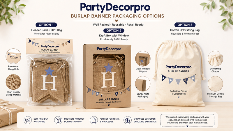 Three burlap banner packaging options including OPP bag, kraft box, and cotton drawstring bag, showcasing versatile professional packaging solutions.