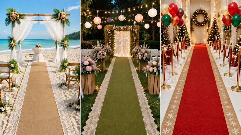 Outdoor wedding aisle burlap runner floral arch garden ceremony romantic setup