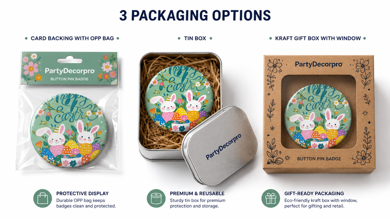 Custom button pin packaging solutions featuring OPP bag, premium tin box, and kraft window gift box for retail display and wholesale branding