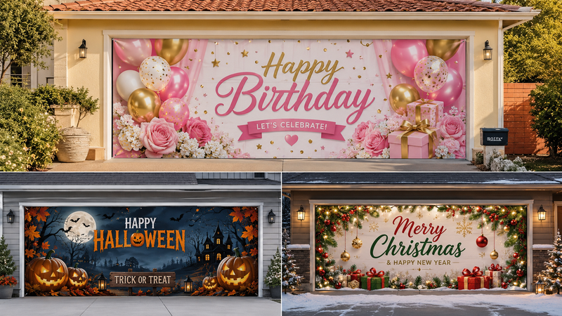 Custom canvas garage door banner theme collection featuring Birthday, Halloween, and Christmas designs with vibrant HD printing for party and event decorations