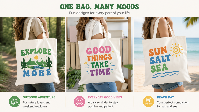 Three custom canvas tote bag design concepts featuring outdoor adventure, positive lifestyle, and beach vacation themes displayed in a 16:9 promotional layout with colorful printed graphics.