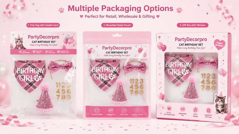 Cat birthday set product packaging display with bag zipper pouch and gift box wholesale customization options
