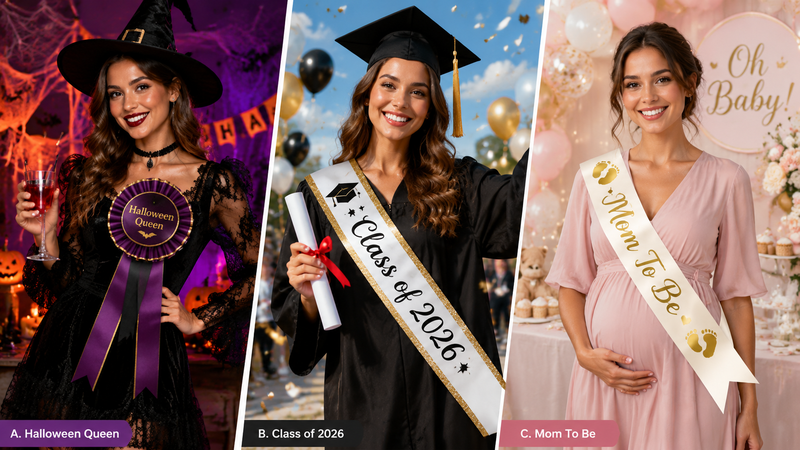 Custom party sashes for birthday, graduation, Halloween and baby shower celebrations with unique shapes and designs