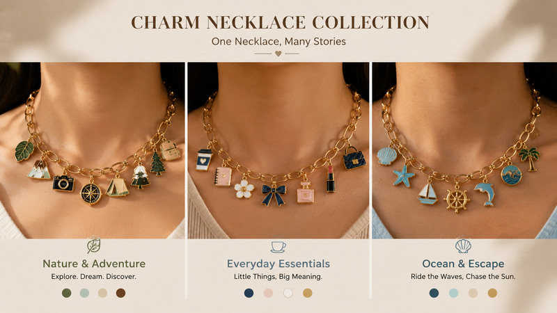 Gold charm necklace with multi-theme pendants including nature, lifestyle and seasonal motifs on model neck