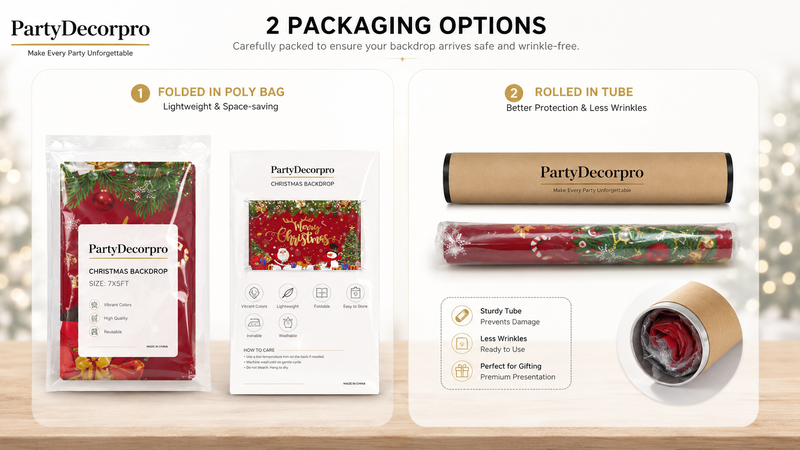 Christmas backdrop packaging solutions featuring resealable poly bag packaging and rolled tube packaging for wholesale party decoration products with customizable branding options
