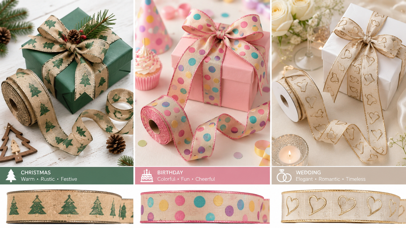 Custom Themed Fabric Ribbon Collection for Christmas Birthday and Wedding Gift Wrapping Packaging Solutions