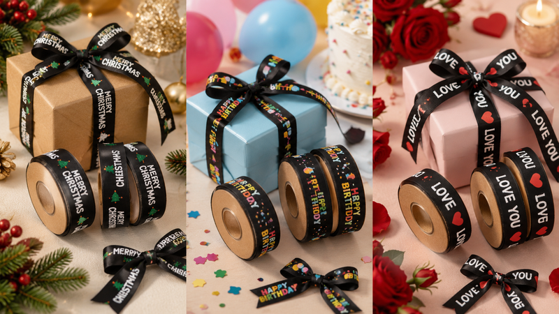 Custom grosgrain ribbon collection featuring Christmas, Birthday Party, and Valentine's Day themed designs with printed messages and gift wrapping applications