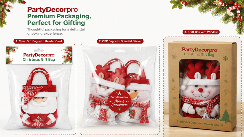 Christmas gift bag packaging options featuring header card bag, resealable OPP bag, and window kraft box packaging for festive plush tote bags with customizable branded retail packaging solutions