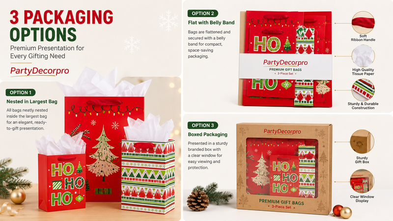 Custom Christmas Gift Bag Packaging Options Including Nested Packaging, Flat Pack Belly Band Sets and Window Gift Box Presentation for Retail and Wholesale