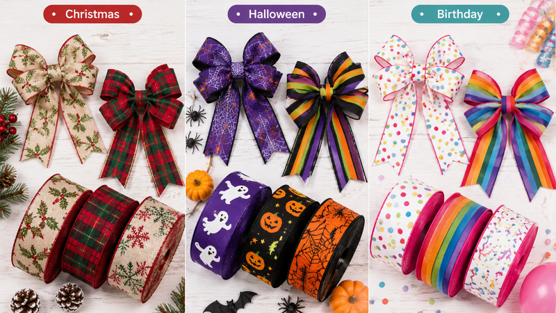 Custom themed wired ribbon collection featuring Christmas, Halloween, and birthday party designs for gift wrapping and decorative bows
