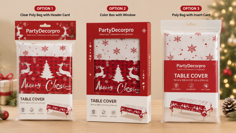 Custom Christmas table cover packaging options with poly bags, window boxes and insert card solutions