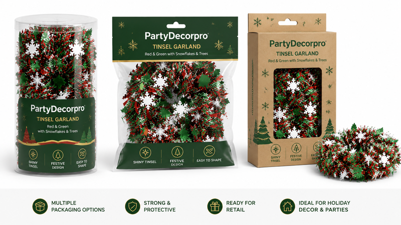 Christmas tinsel garland packaging concept featuring large gift box, window display box, and carry-handle box with custom branding options for retail and wholesale presentation