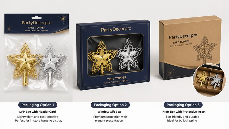 Custom packaging solutions for Christmas tree star topper ornaments with clear bags, window gift boxes and kraft cartons