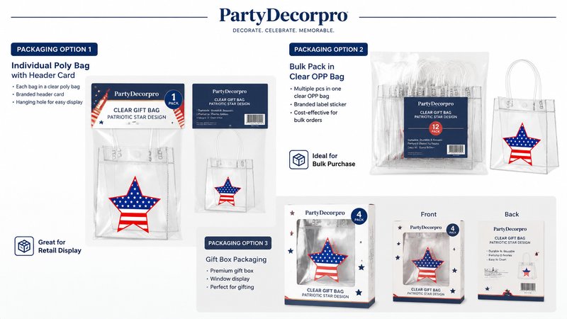Custom packaging options for clear patriotic star gift bags featuring header card packaging, bulk OPP bag packaging, and premium window box retail packaging solutions