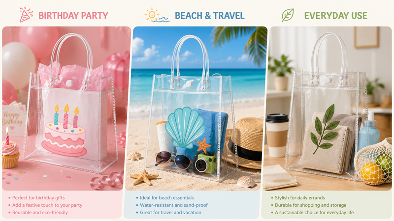 16:9 promotional display of customizable clear PVC tote bags featuring birthday party, beach travel, and everyday use themes with waterproof durable construction