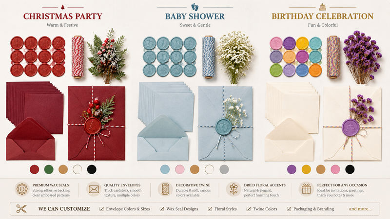 Custom colorful envelope sealing kit with wax seal stickers, decorative twine, dried flowers, and invitation envelopes for Christmas, baby shower, birthday, and party events