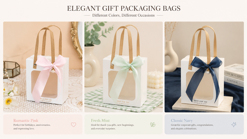 Elegant customizable gift packaging bags in pink mint navy ribbon handle design product showcase