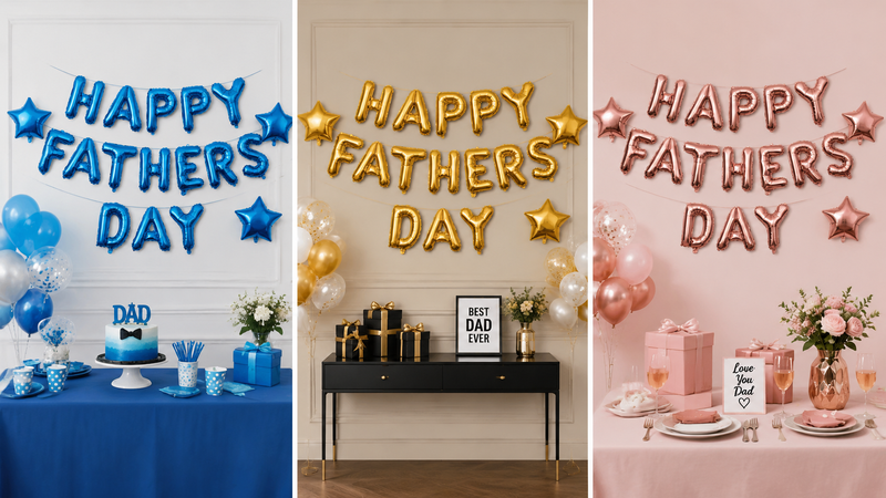 Color themed foil letter balloon banner party decoration display with blue gold and rose gold styles