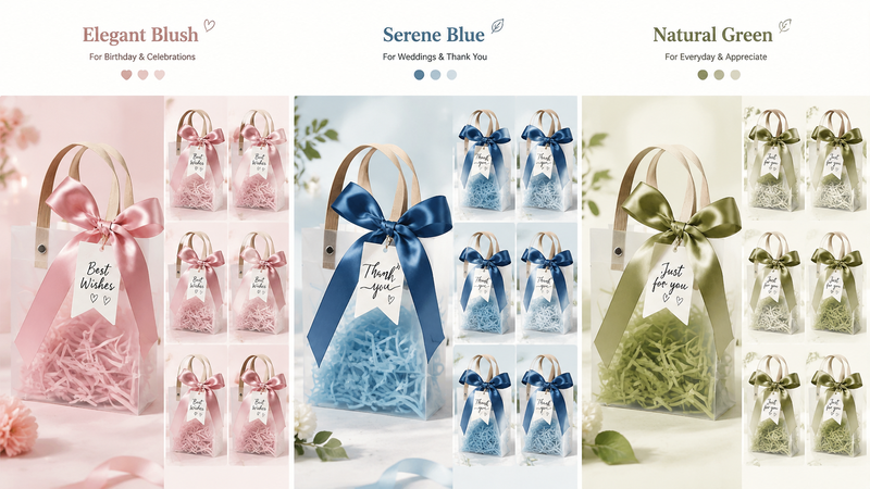 Multi-color themed transparent gift bags with ribbon bows and tags showcasing customizable packaging designs