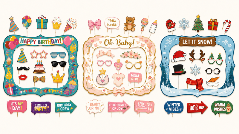 Three themed DIY photo booth frame kits featuring birthday, baby shower, and winter party designs with matching photo props and festive decorations