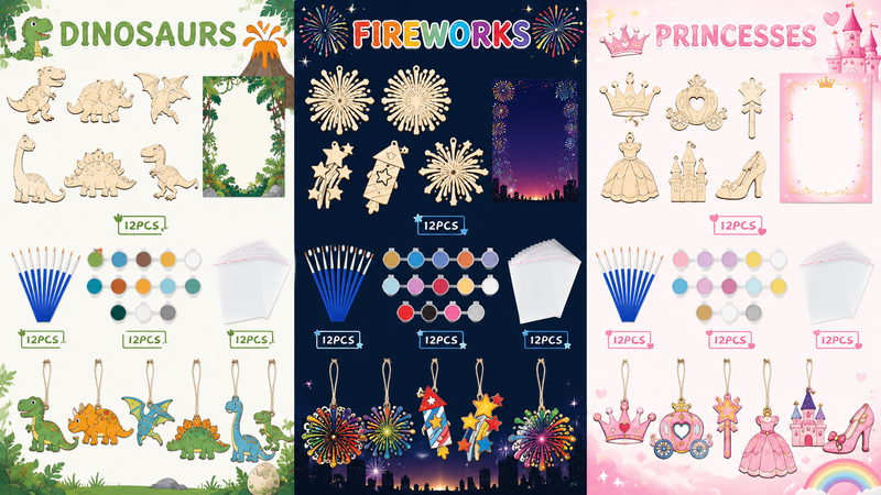 Custom DIY wooden painting craft kits featuring dinosaur, fireworks, and princess themes with paint sets, brushes, and wholesale customization