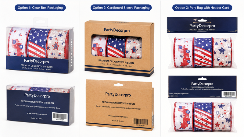 Custom packaging options for decorative ribbon collections including clear display box, kraft gift box, and header card bag packaging