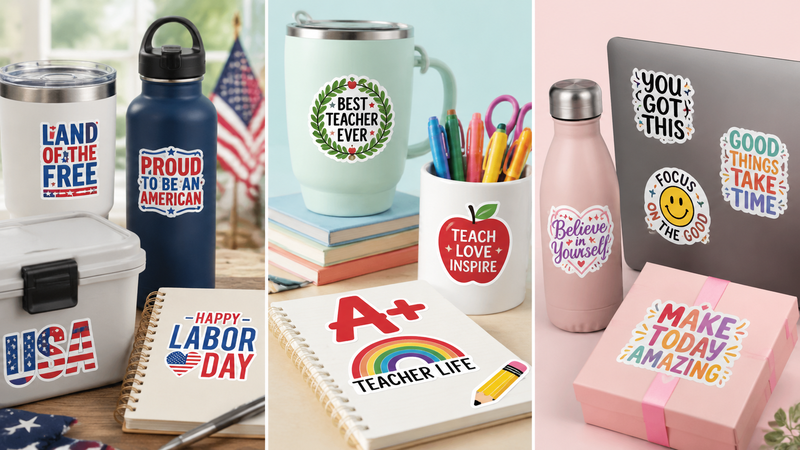 Custom themed stickers with patriotic, teacher, and inspirational designs for wholesale applications