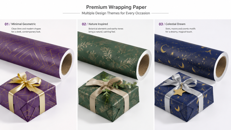 Premium wrapping paper roll with purple base and gold pattern, customizable festive and modern design, B2B gift packaging material