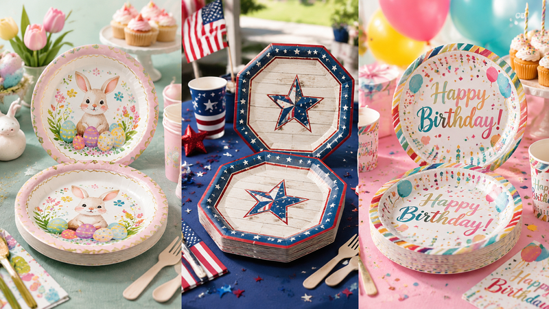 Custom holiday themed disposable paper party plates for Easter patriotic and birthday celebrations with colorful designs