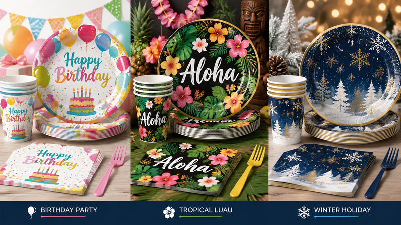 Custom themed disposable party tableware sets with birthday, tropical luau and winter holiday designs including paper plates, cups and napkins