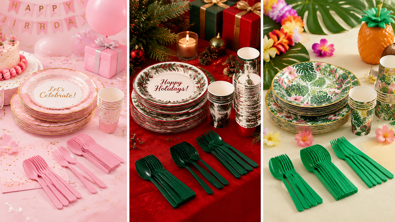 Custom themed disposable party tableware sets with plates cups and cutlery for birthday Christmas and tropical events