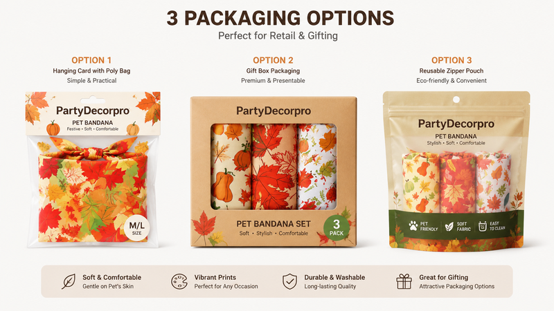Dog bandana packaging options including hang card box gift box and resealable pouch for wholesale pet product branding display
