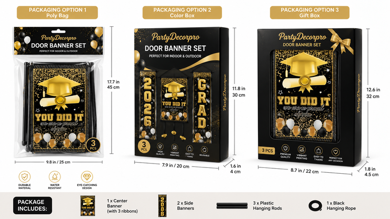 Custom door banner packaging solutions featuring poly bag, color box, and gift box packaging options displayed