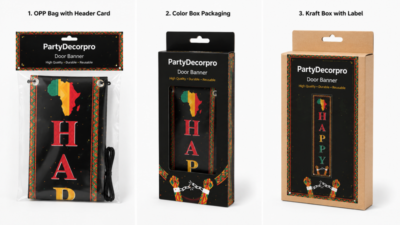 Door banner packaging options including OPP bag, color box, and kraft box with customizable branding
