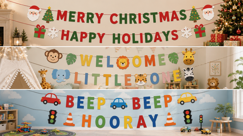 Custom paper banner designs featuring Christmas, animal, and car party themes with double-layer hanging decorations and festive background displays