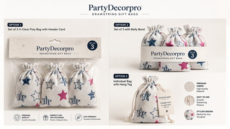 Custom Drawstring Gift Bag Packaging Options with Header Card Belly Band and Hang Tag Retail Presentation