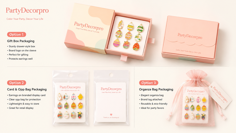 Earring packaging presentation showing gift box, card OPP bag, and organza pouch options for jewelry branding display