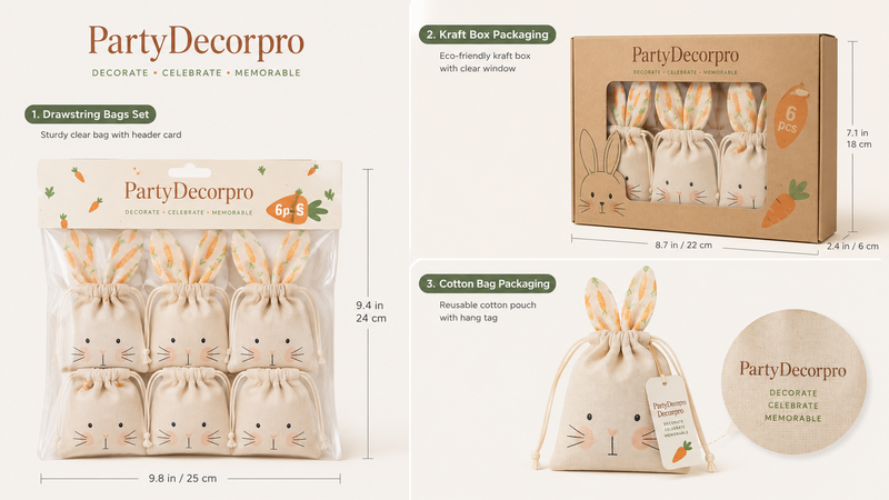 Easter bunny drawstring bags packaging solutions featuring header card poly bag, kraft window box, and custom cotton pouch packaging for retail and wholesale presentation