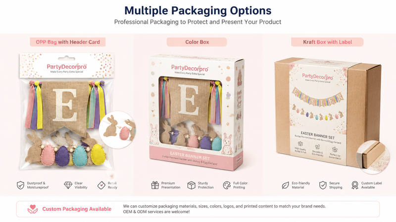 Custom packaging solutions for Easter burlap banner sets including poly bag, window color box, and kraft paper box designs.