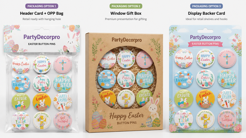 Easter button pin packaging options featuring OPP bag, window gift box, and display backer card with customizable branding solutions